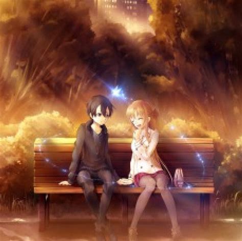 anime couple sitting together|anime couple sitting on bench.